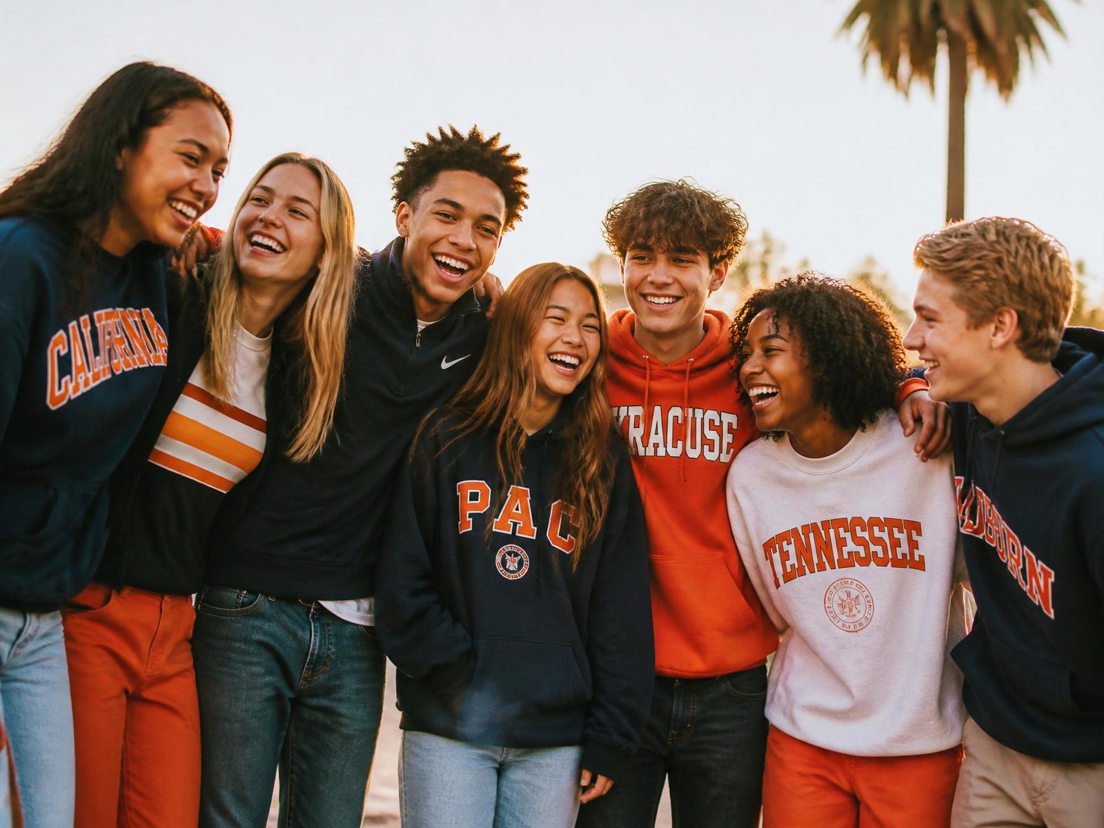 Diverse teenagers laughing together in warm golden-hour light